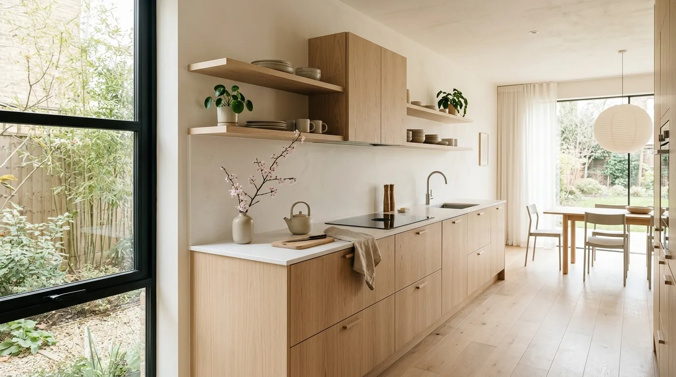 Japandi kitchen with warm wood, neutral tones, and calm minimalist styling.